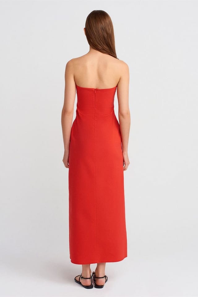 Dilvin Dilvin Women's Strapless Fitted Midi Dress With Slit in Red - 2