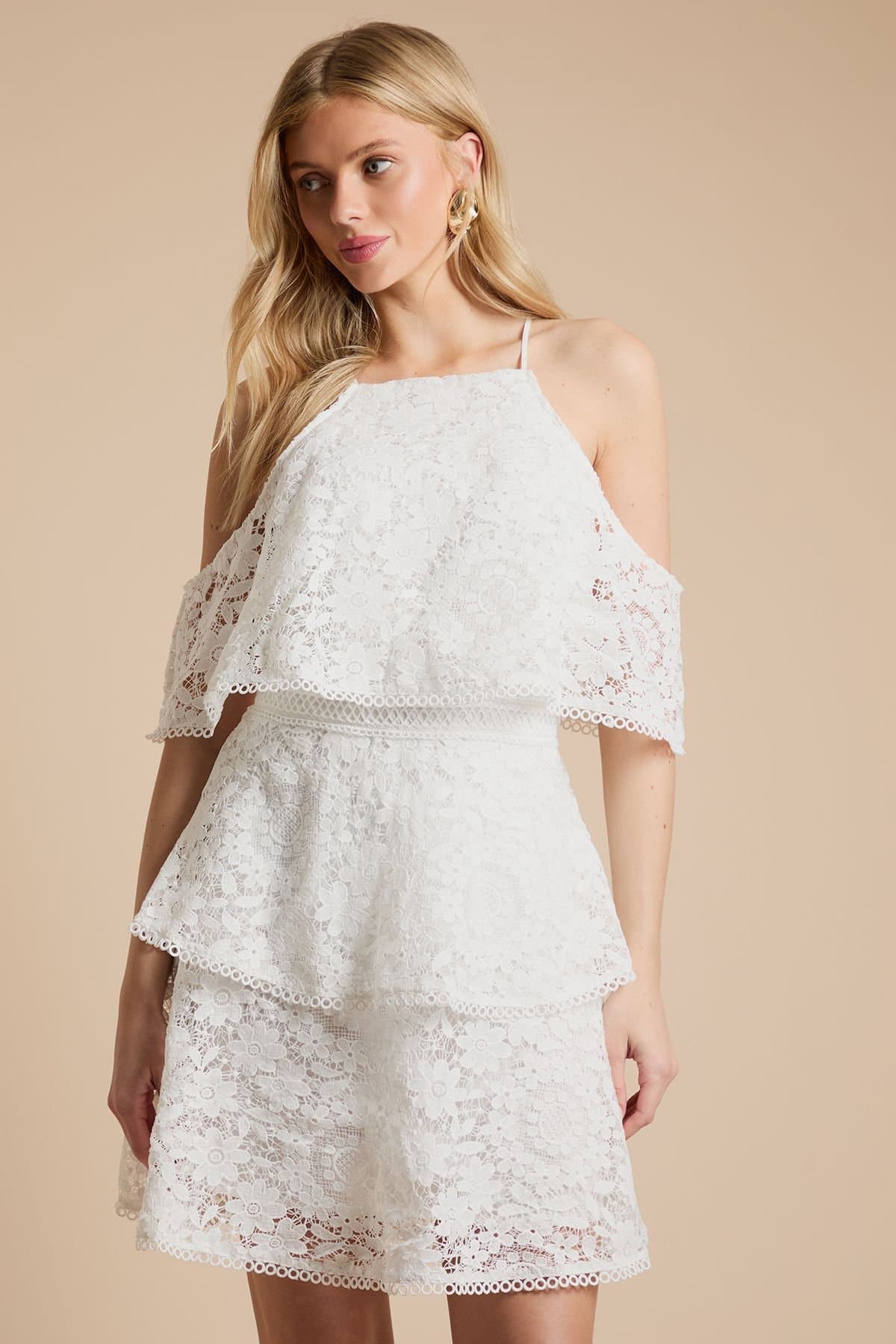 Oasis Oasis Women's Halter Tiered Mini Dress With Cold Shoulder in Ivory