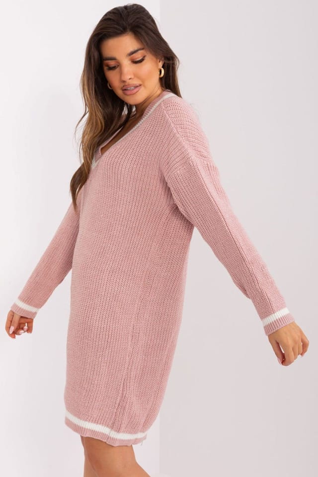 Love Lace Love Lace Women's Oversized Acrylic Wool Sweater Dress Heart Neck in Pink - 2