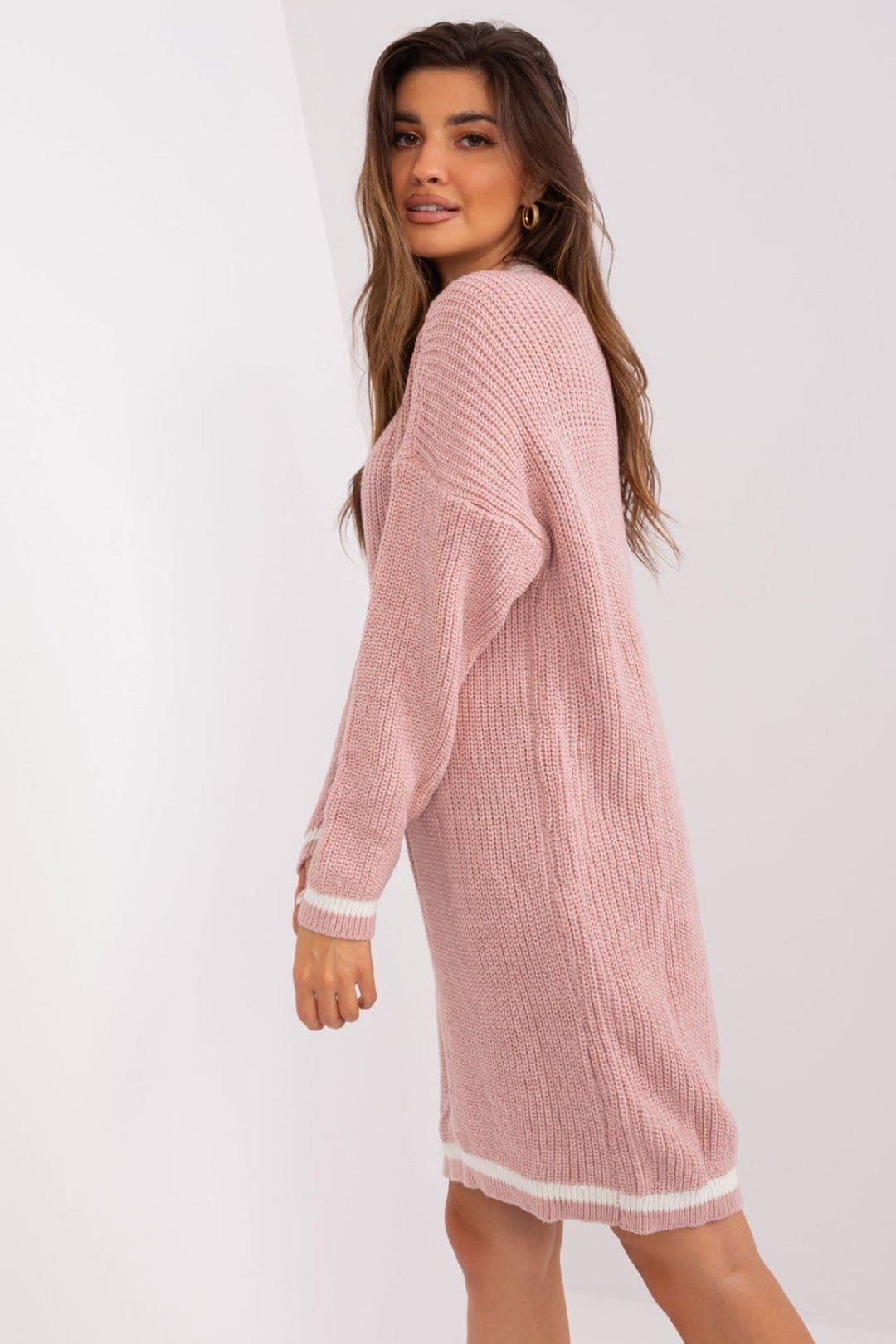 Love Lace Love Lace Women's Oversized Acrylic Wool Sweater Dress Heart Neck in Pink - 4
