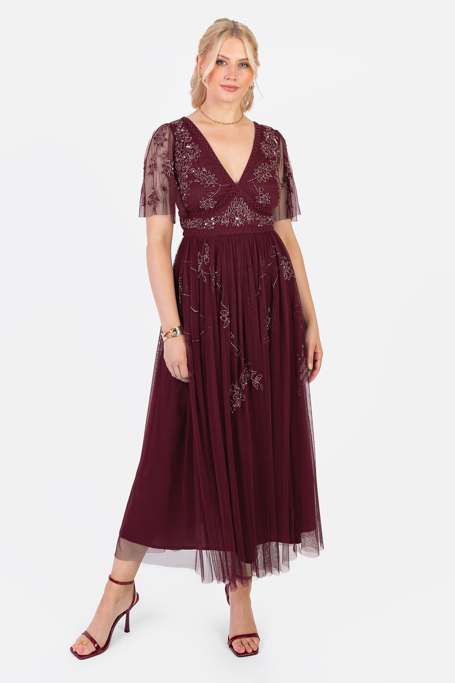 Maya Deluxe Maya Deluxe Women's Embellished Short Sleeve Midaxi Dress in Red