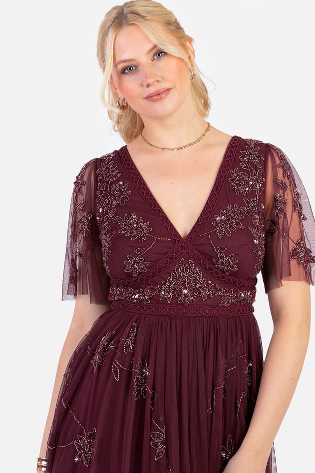 Maya Deluxe Maya Deluxe Women's Embellished Short Sleeve Midaxi Dress in Red - 3