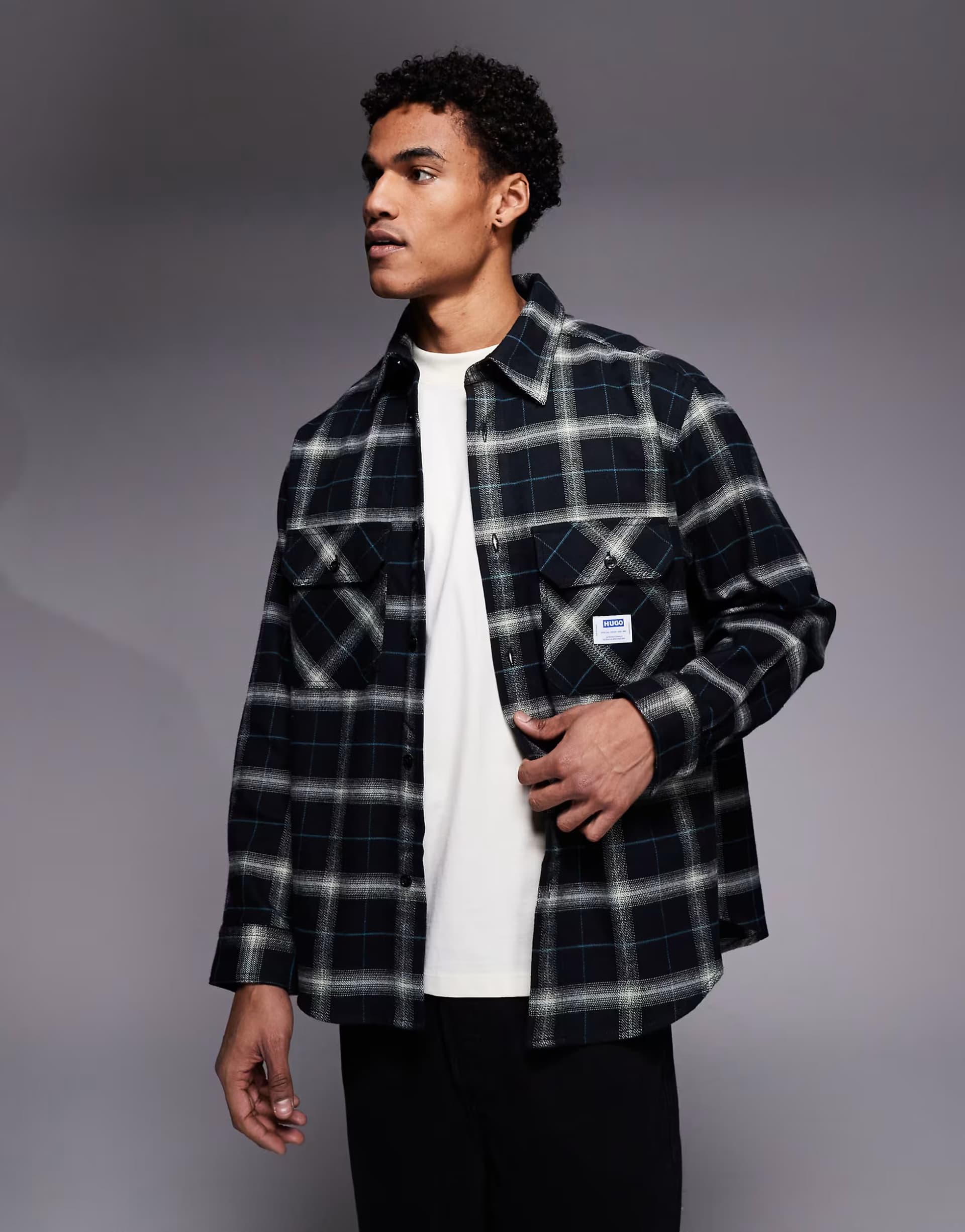 ASOS HUGO BLUE Ebolt oversized fit check shirt in black