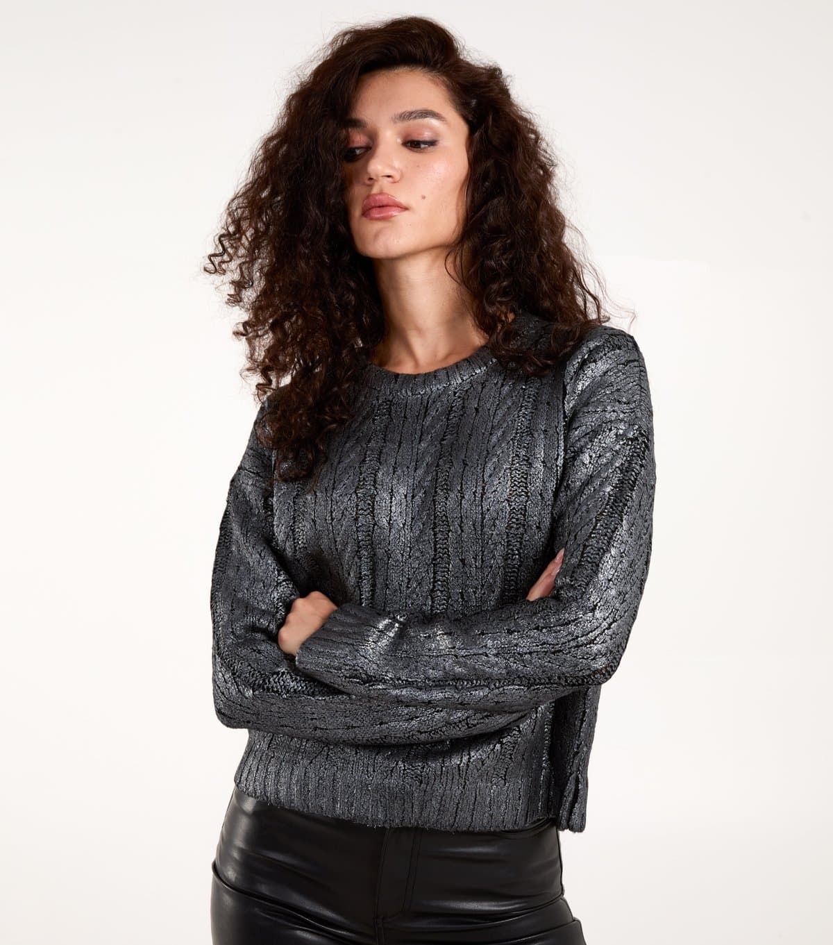 Blue Vanilla Women's Black Metallic Cable Knit Jumper Blue Vanilla New Look