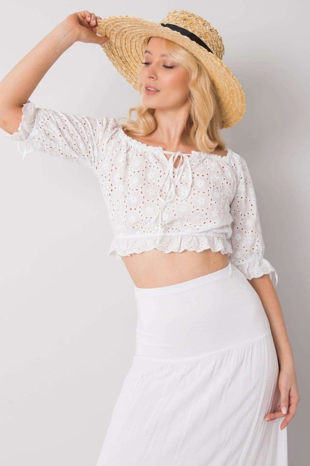Love Lace Love Lace Women's Tie Front Short Sleeve Openwork Blouse in White - 2