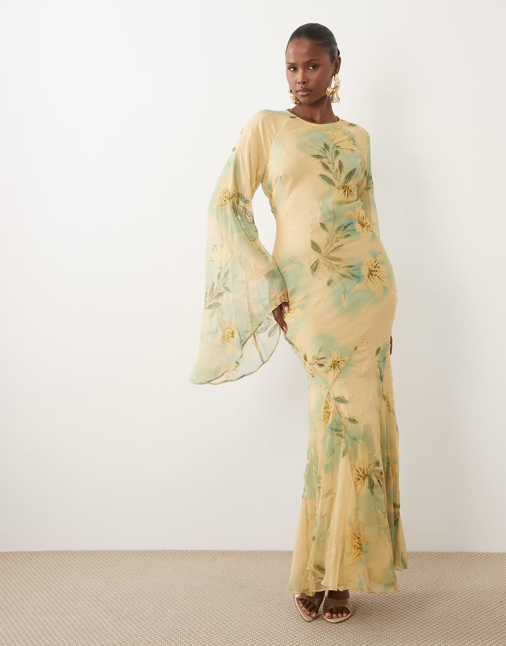 ASOS DESIGN Embellished Print Maxi Dress With Volume Sleeve In