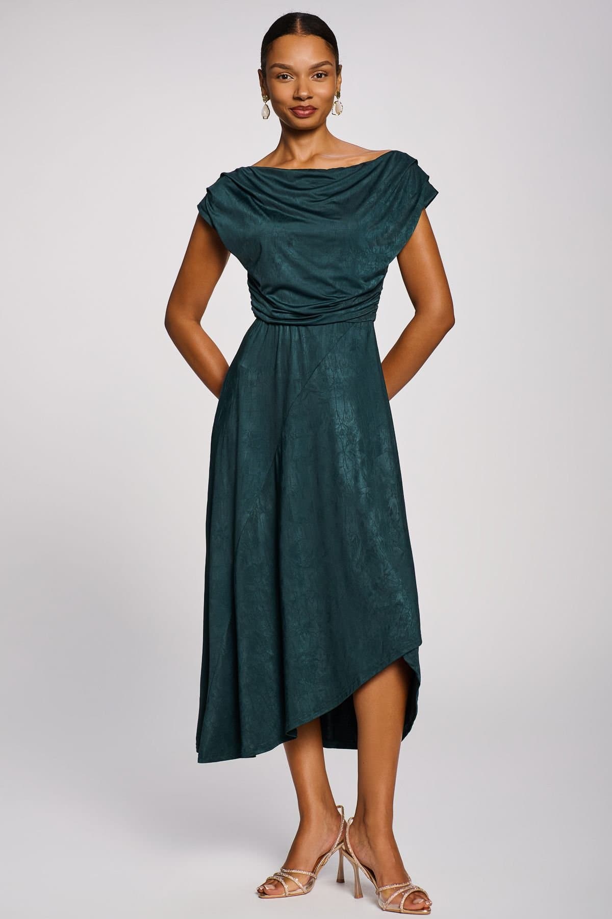 Jolie Moi Jolie Moi Women's Asymmetrical Drap Textured Sheen Midi Dress in Dark Green