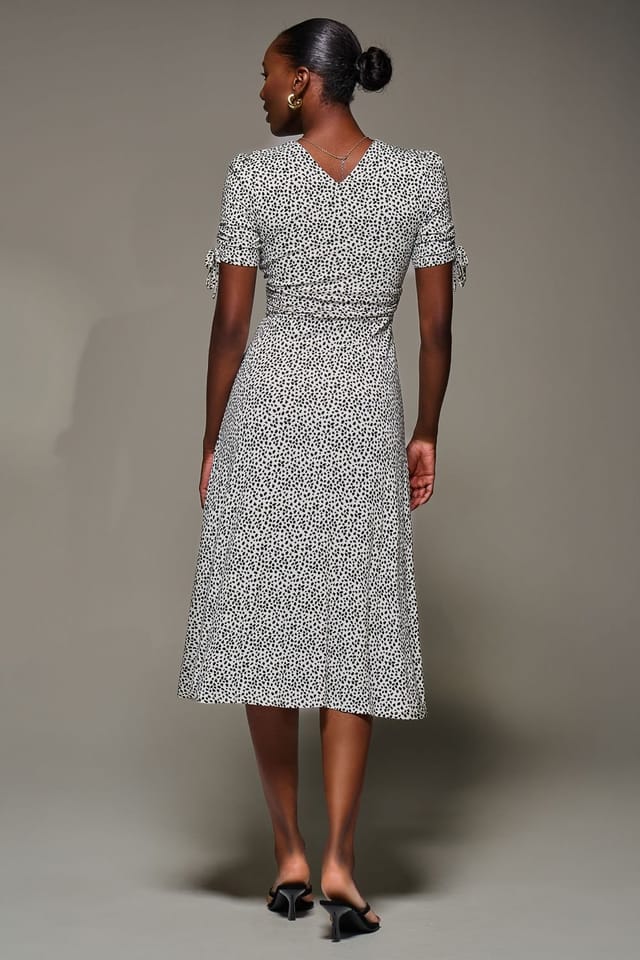 Jolie Moi Jolie Moi Women's Jersey Tie Sleeve Wrap Front Midi Dress in White - 2