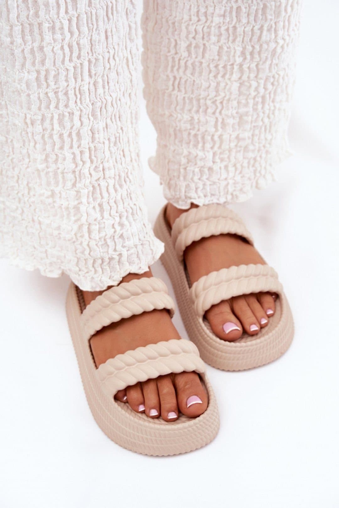 Love Lace Love Lace Women's Lightweight Foam Platform Flip Flops with Front Straps Comfort in Beige