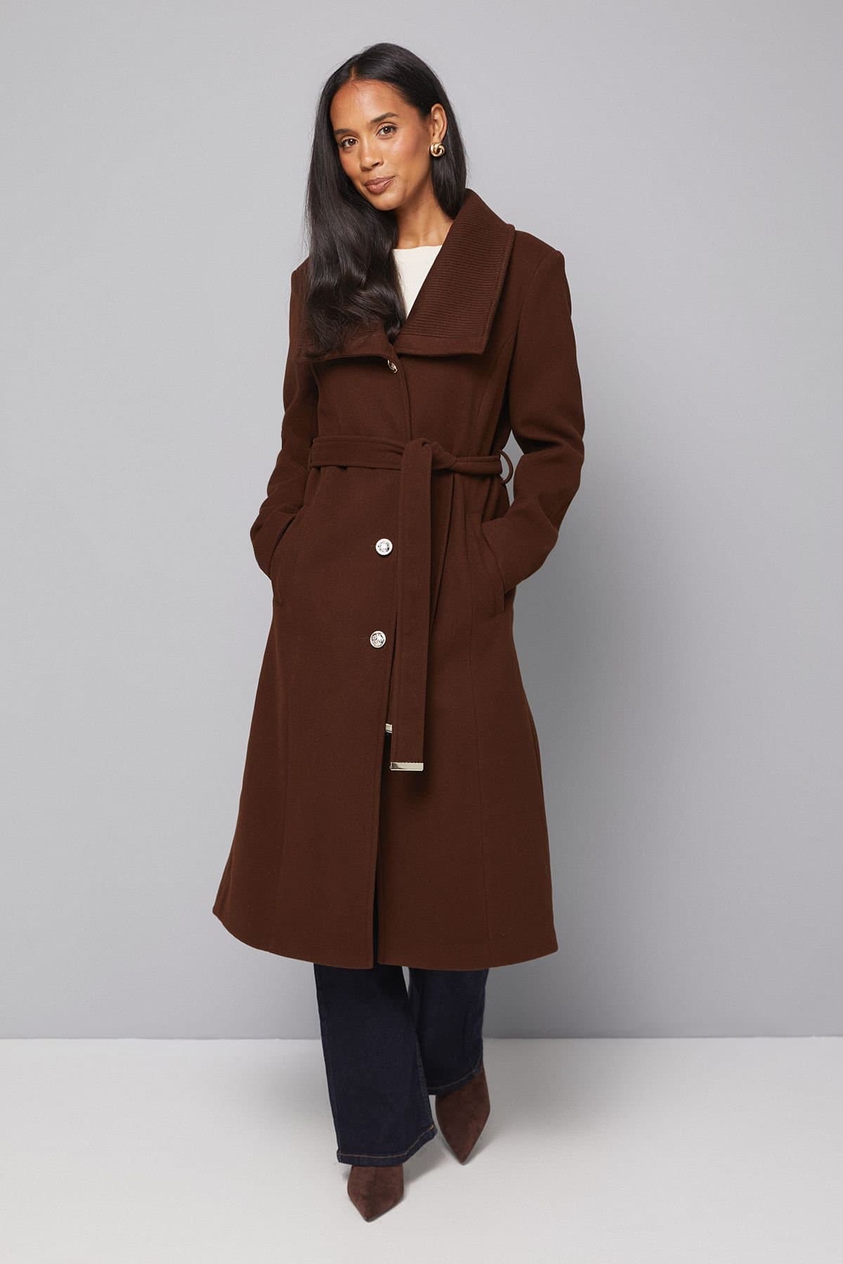 Wallis Wallis Women's Knitted Collar Button Through Wrap Coat in Chocolate