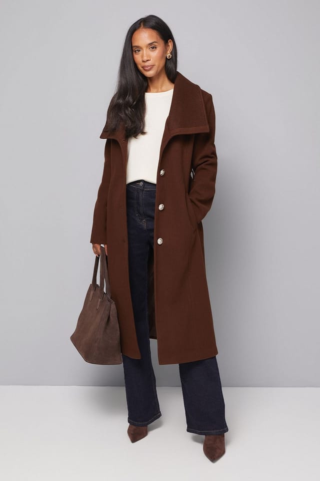 Wallis Wallis Women's Knitted Collar Button Through Wrap Coat in Chocolate - 2