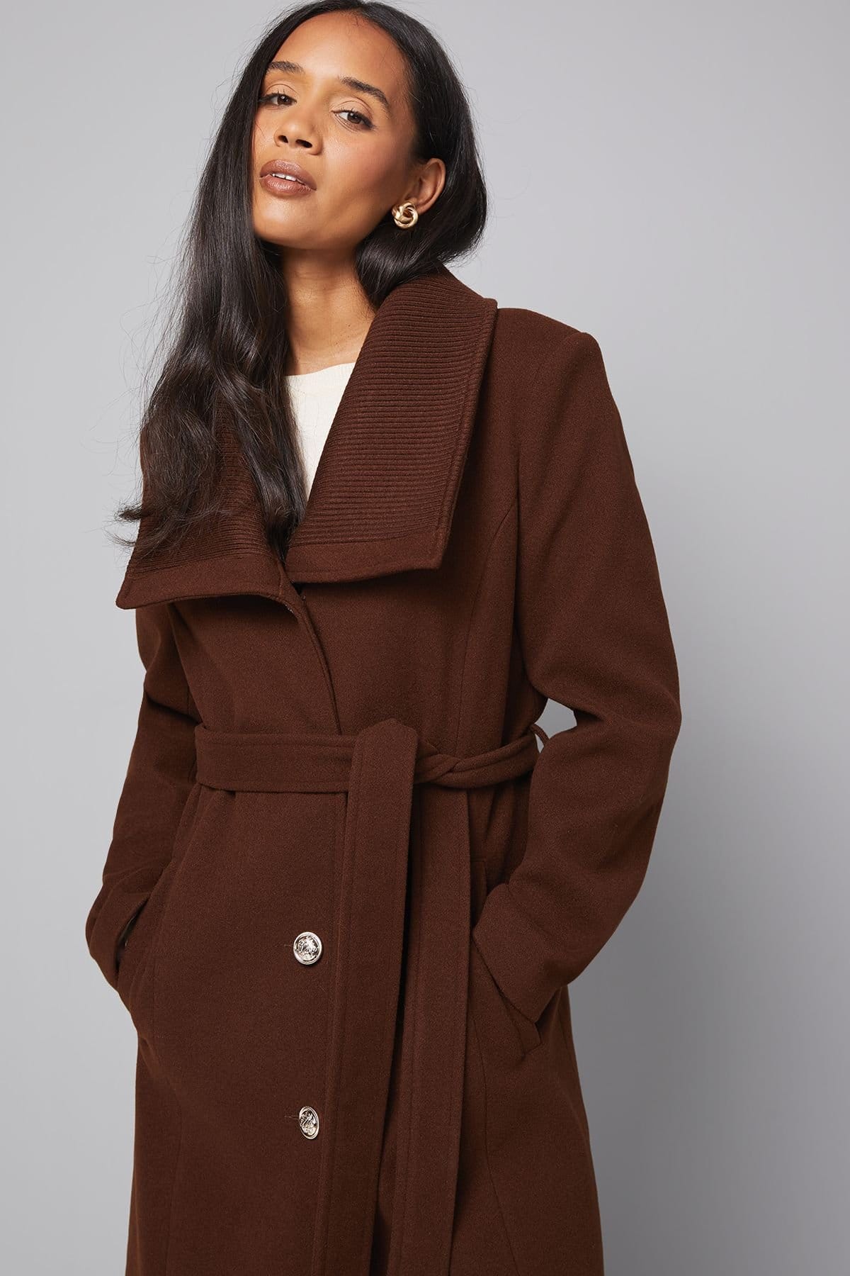 Wallis Wallis Women's Knitted Collar Button Through Wrap Coat in Chocolate - 4