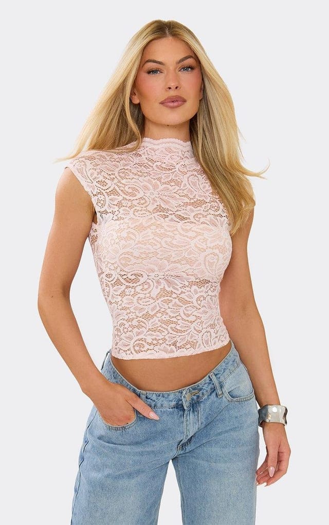 EGO High Neck Top In Light Pink Lace, Women's Size UK 6 - 2