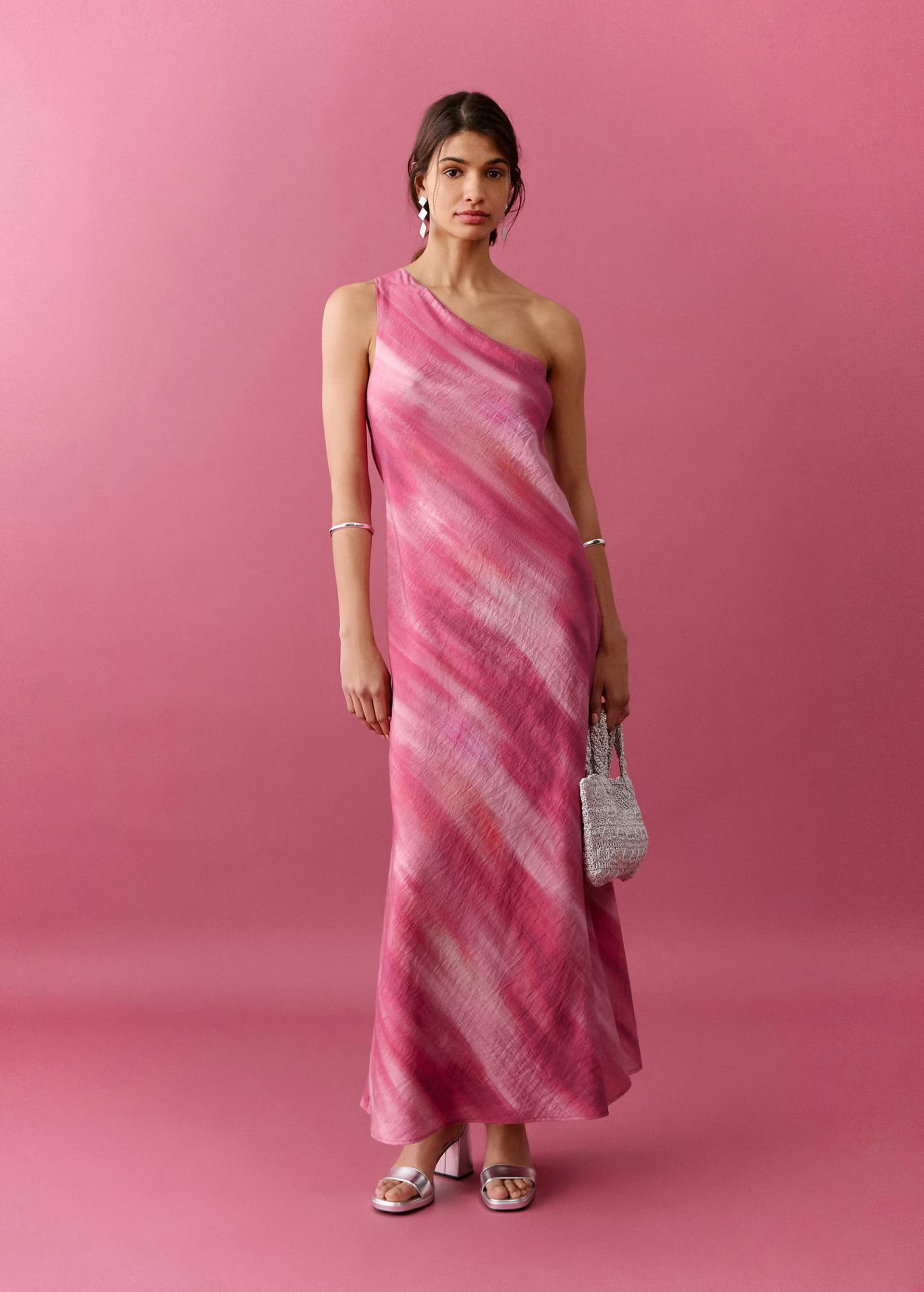ASOS Mango Teen one shoulder asymmetric hem maxi dress in pink print