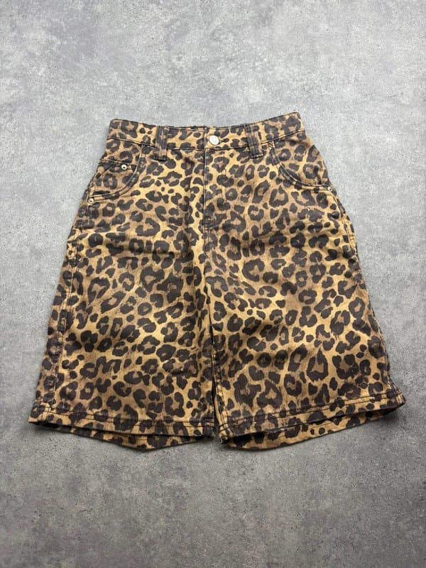 Bershka Bershka Shorts Women's XXS Leopard Print Baggy Relaxed-Fit Denim Jorts
