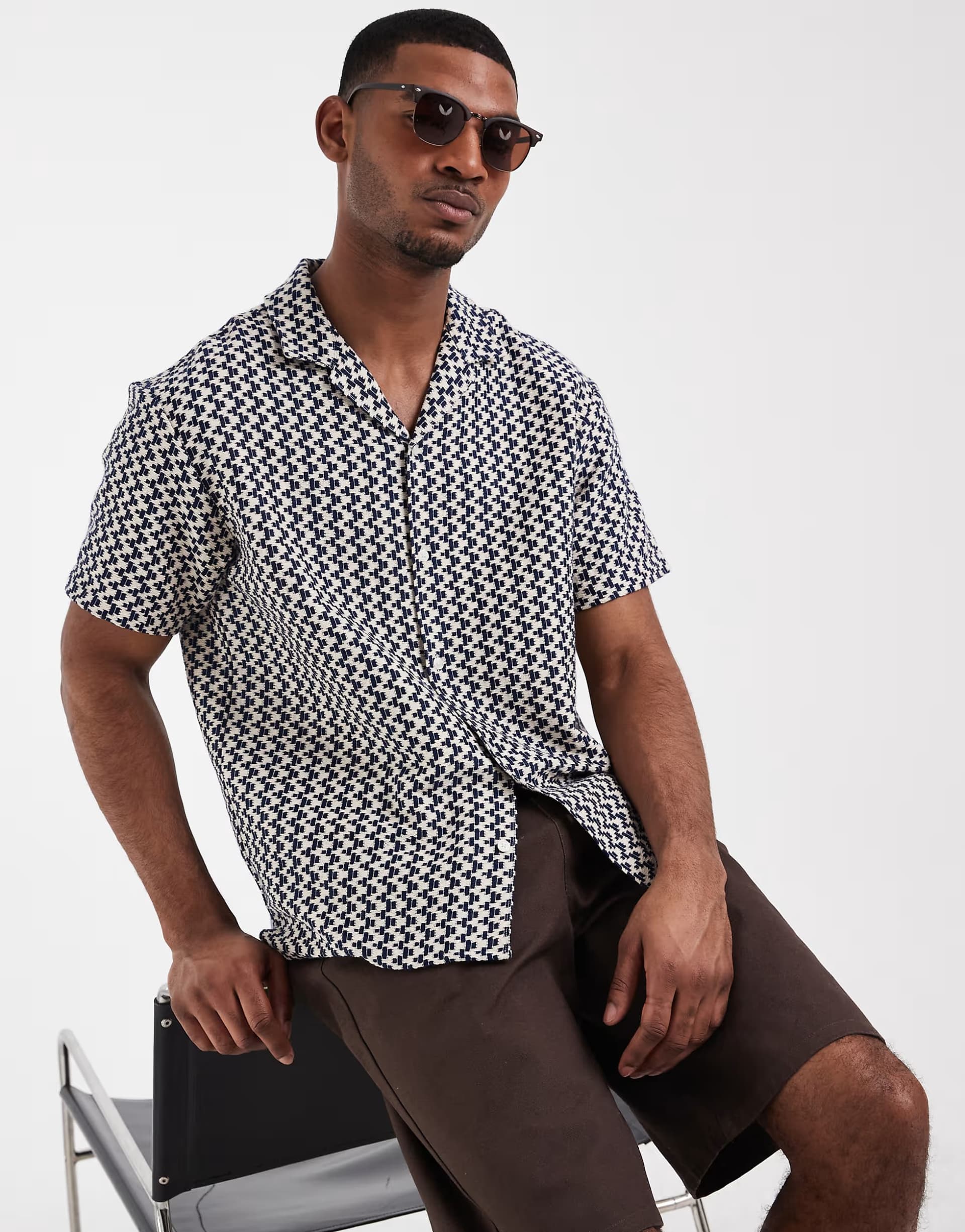 ASOS Jack & Jones textured print shirt in navy