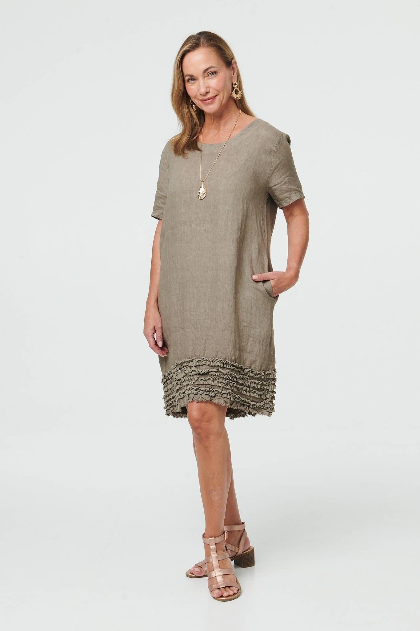 Izabel London Izabel London Women's Frill Hem Short Relaxed Shift Dress in Grey