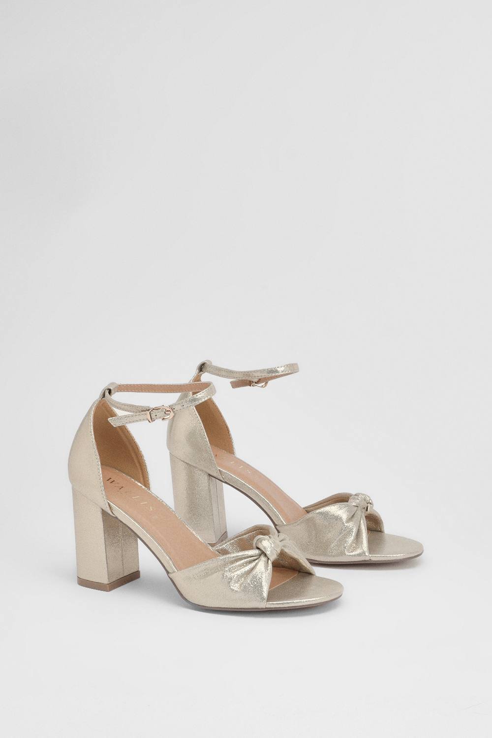 Wallis Wallis Women's Wide Fit Carmen Satin Knot Front High Block Heel Sandals in Gold - 4