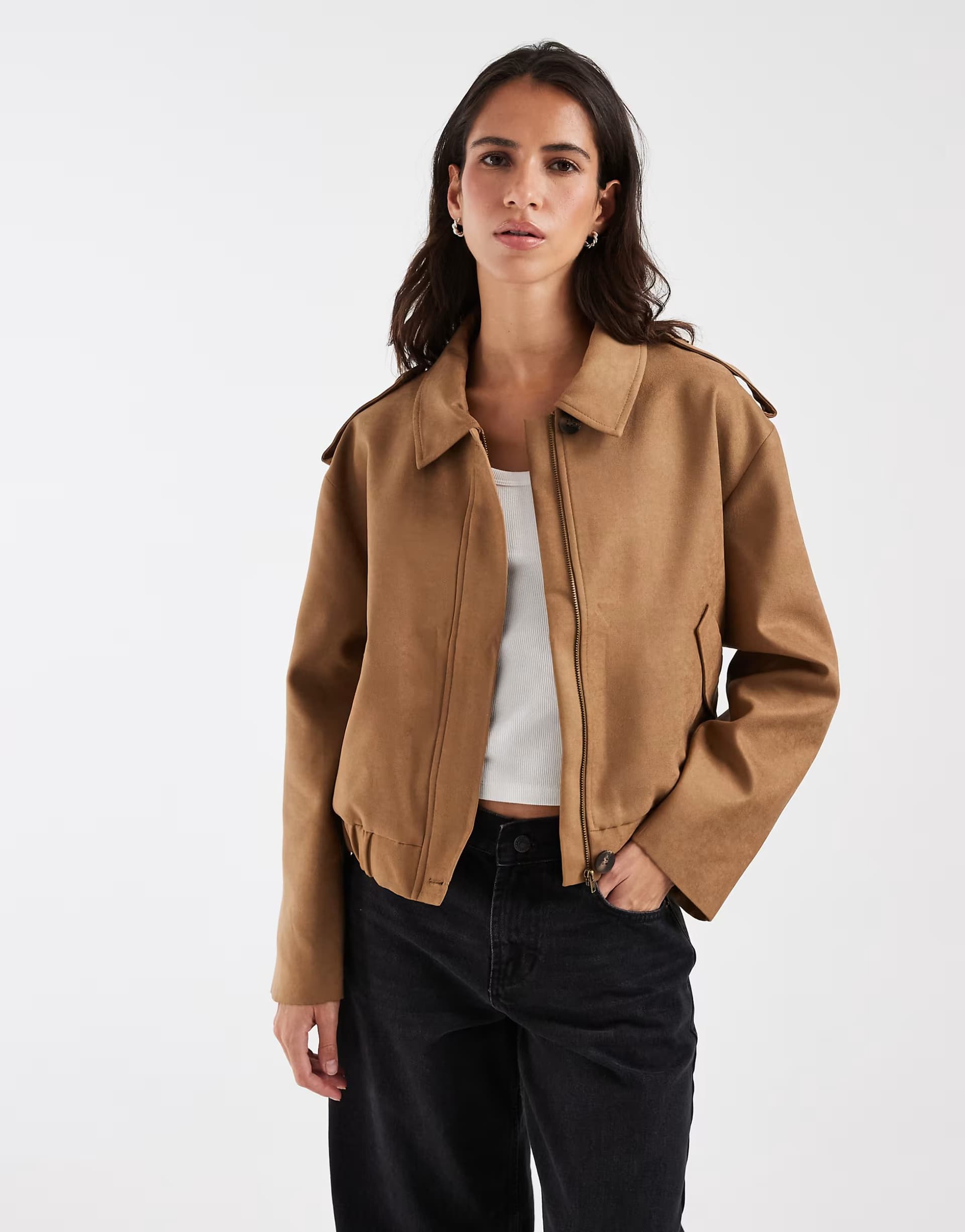 ASOS ASOS DESIGN top collar faux suede bomber jacket in tan