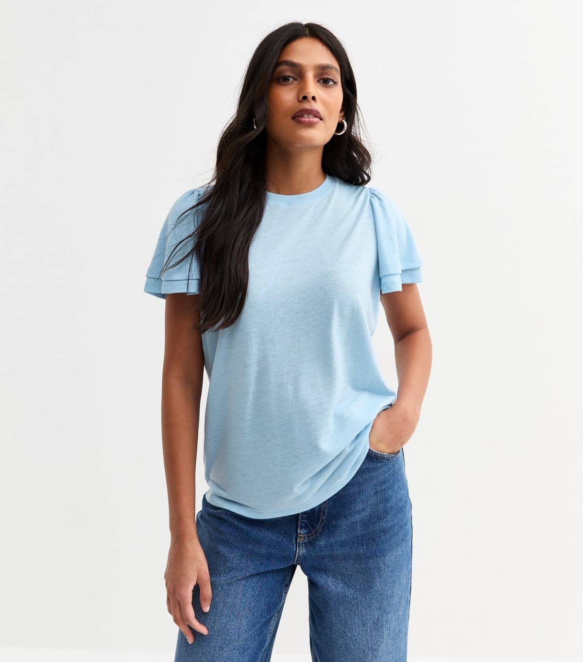 New Look Women's Light Blue Flutter Sleeve T-Shirt New Look