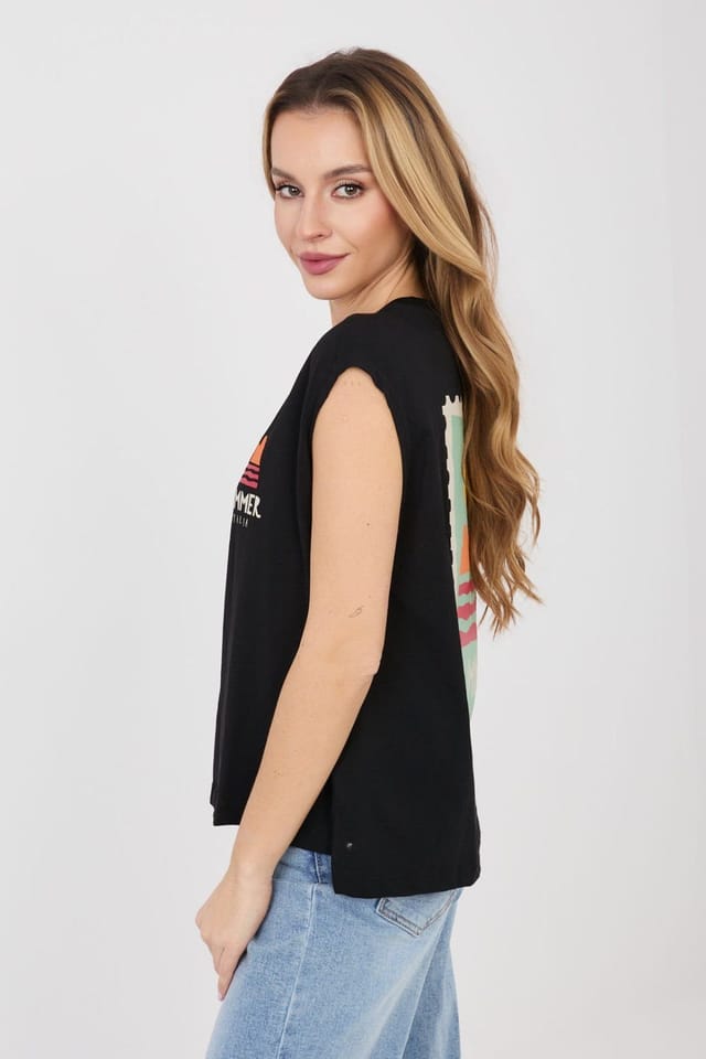 Love Lace Love Lace Women's Cotton Graphic Back Print Sleeveless T-Shirt in Black - 2