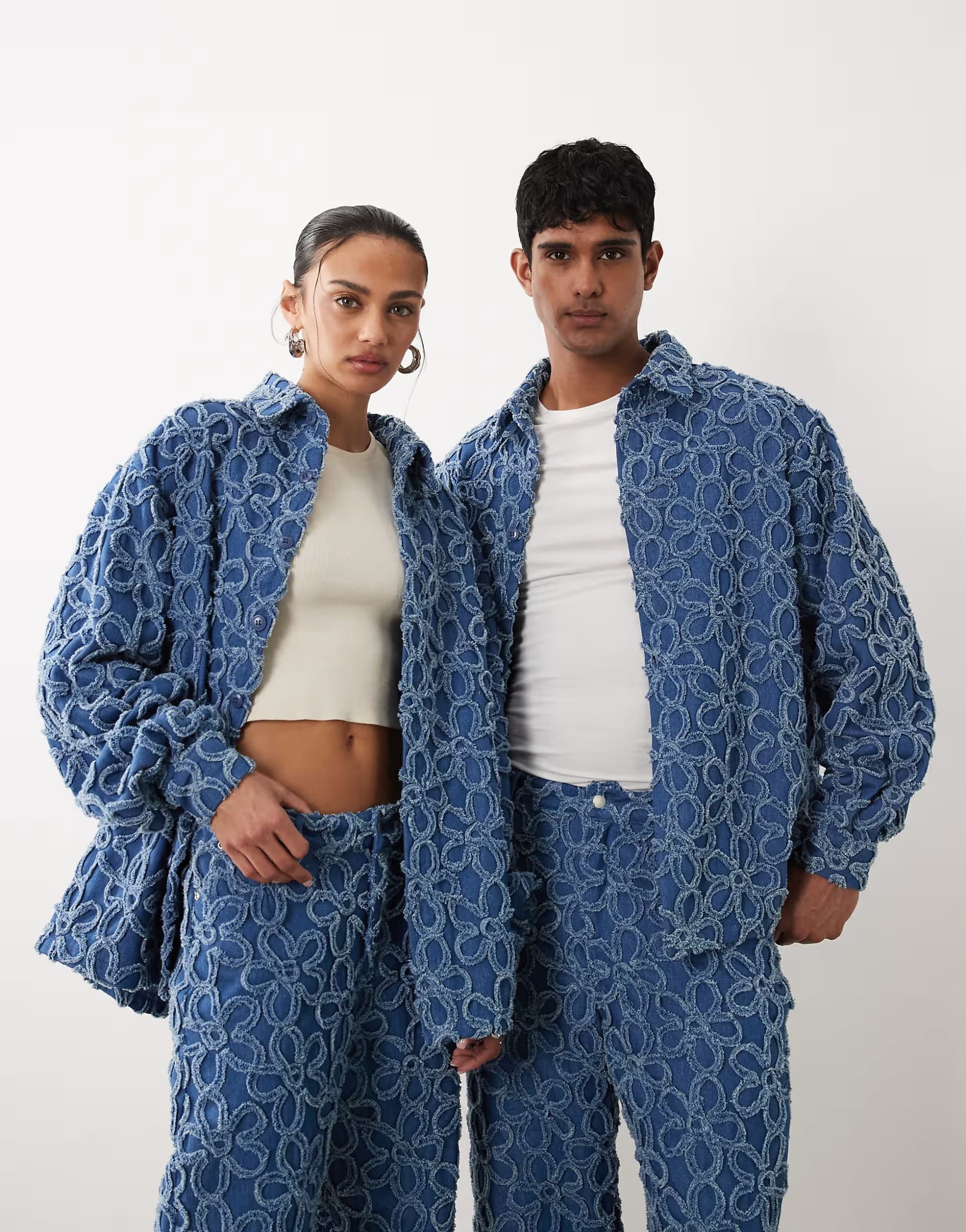 ASOS Sister Jane Unisex Fleur oversized denim shirt co-ord in mid blue wash