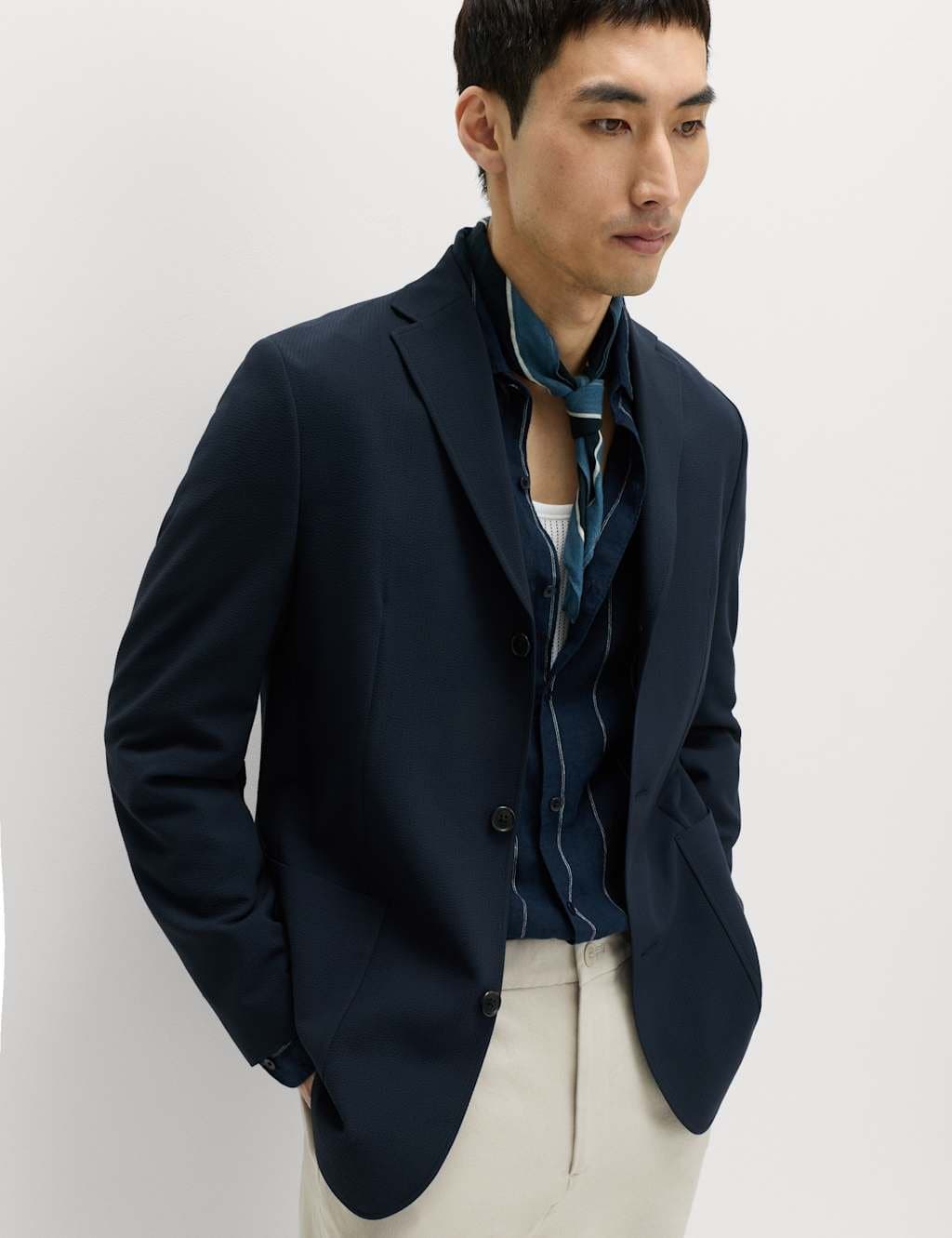 Marks & Spencer M&S Tailored Fit Seersucker Stretch Suit Jacket Navy