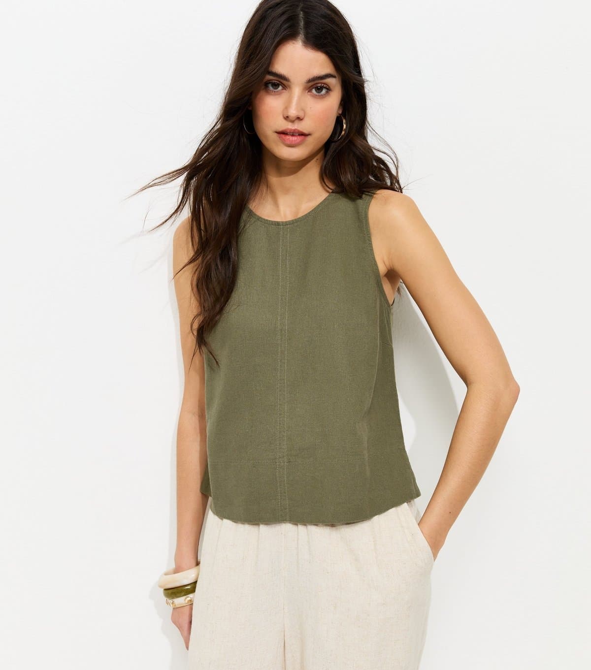 New Look Women's Dark Khaki Linen Blend Sleeveless Top New Look