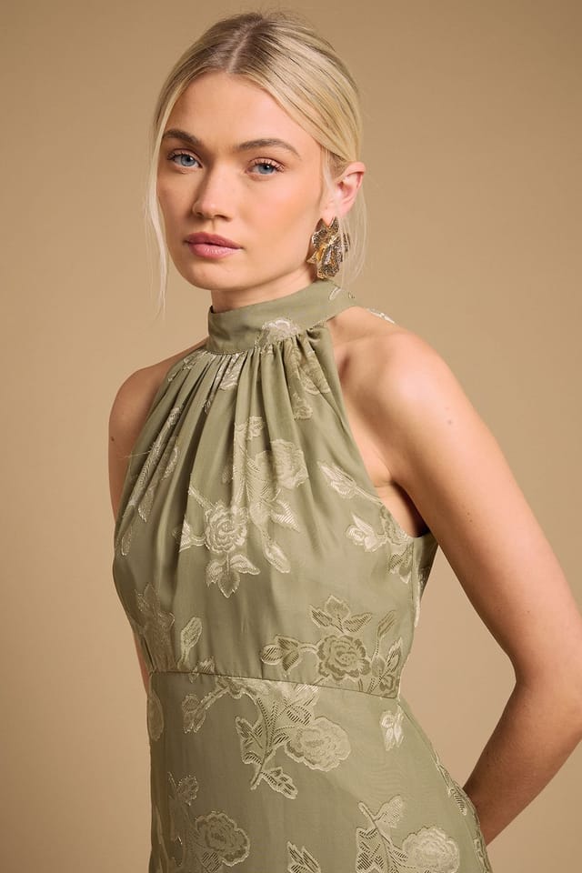 Oasis Oasis Women's Plain Satin Burnout Halterneck Midi Dress in Olive - 2