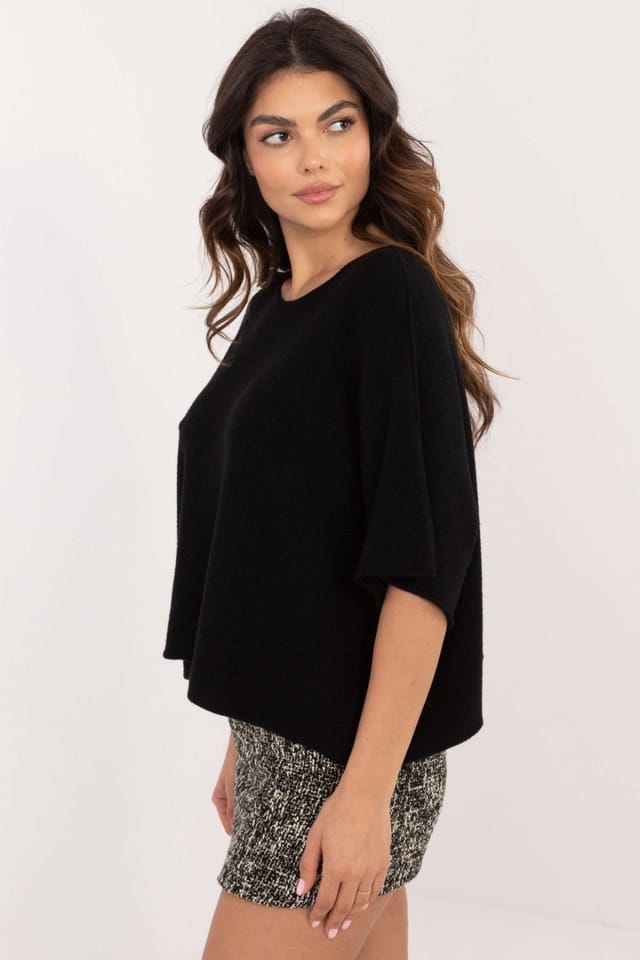 Love Lace Love Lace Women's Elegant Oversize Reversible Short Sleeve Sweater in Black - 2