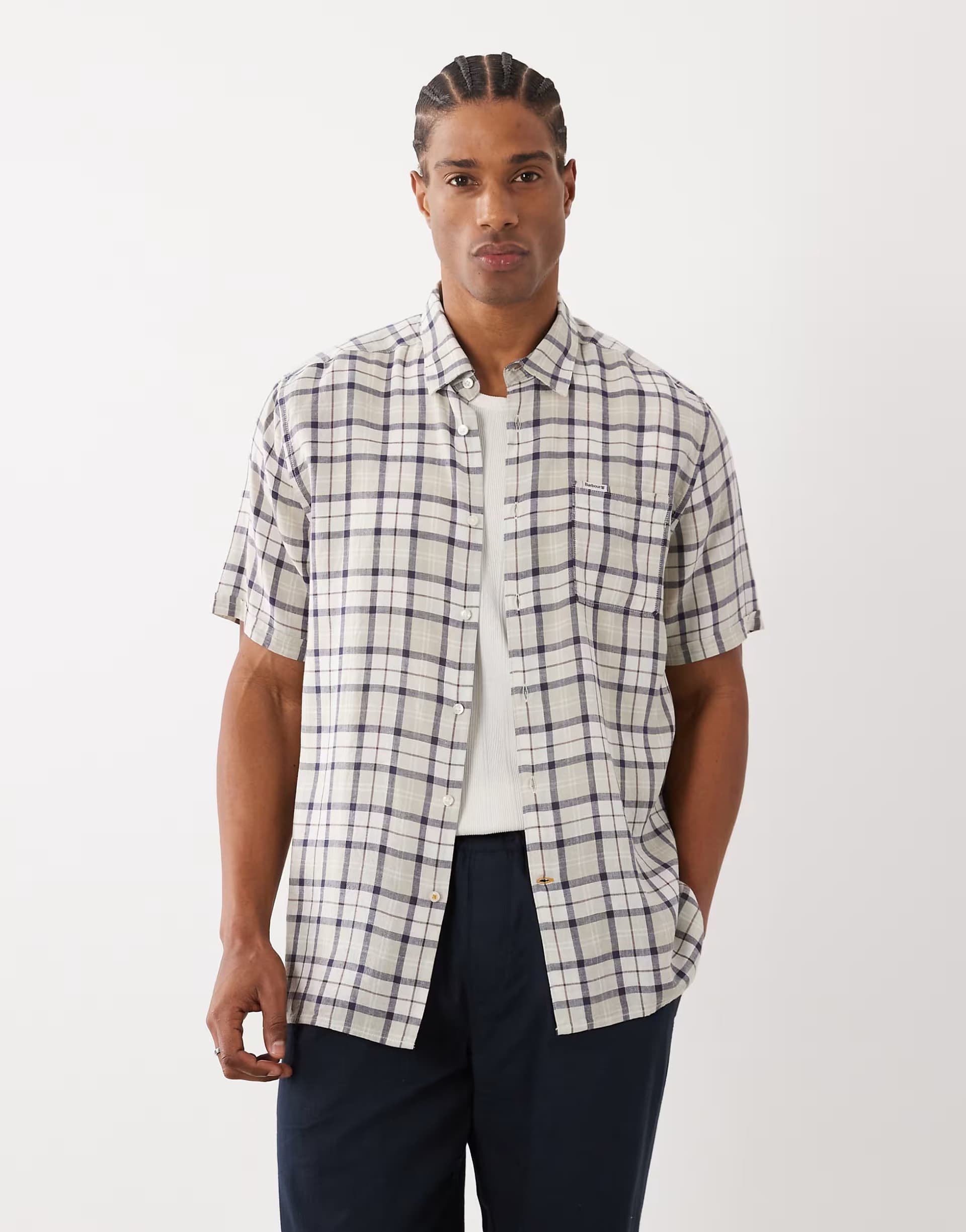 ASOS Barbour Midfield short sleeve small check tartan shirt in beige/blue