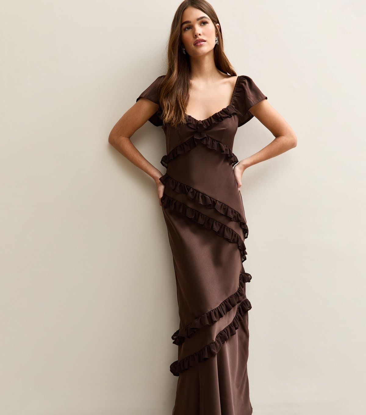 New Look Women's Dark Brown Satin Ruffled Trim Midi Dress New Look