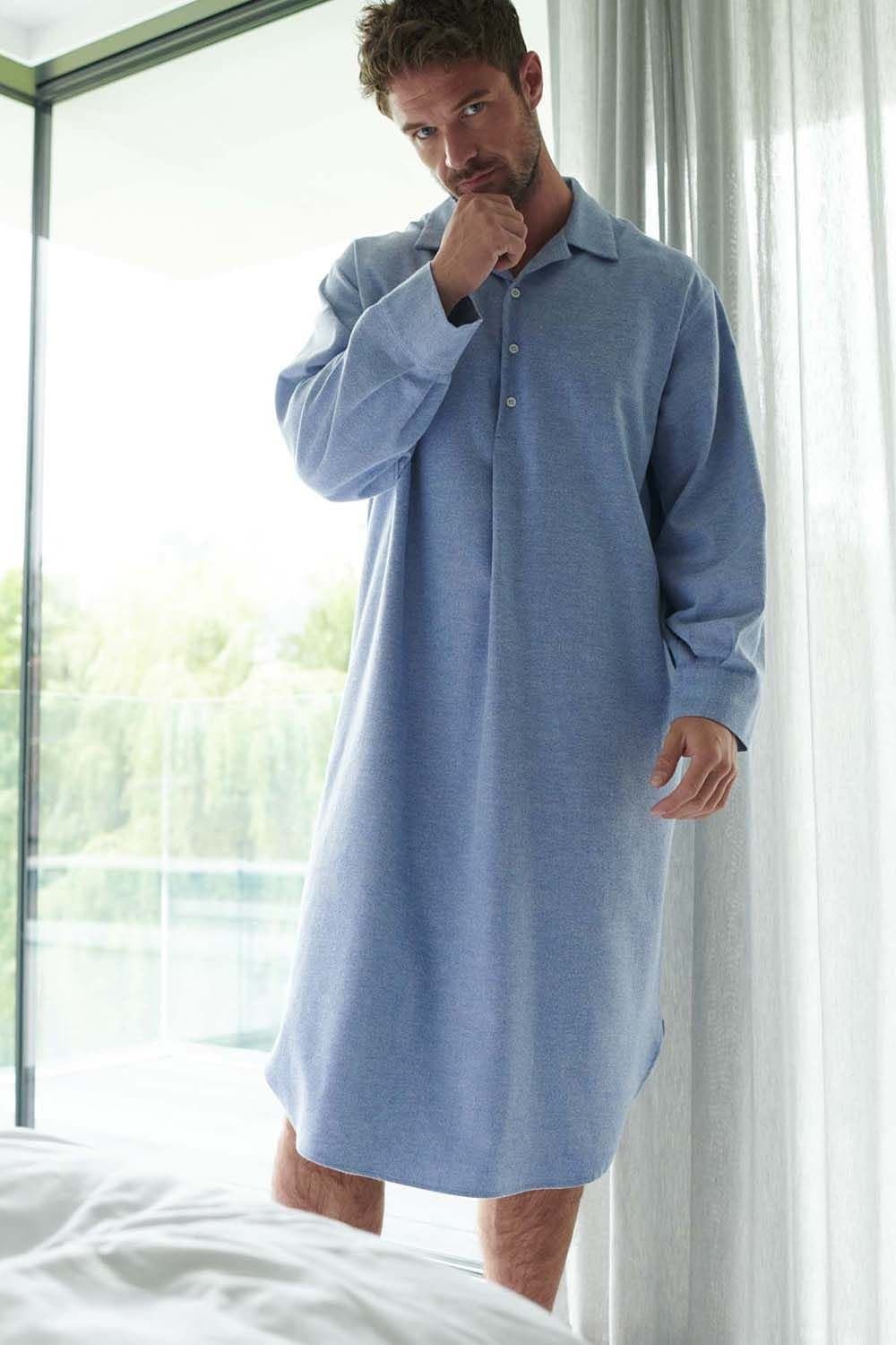 British Boxers British Boxers Men's 'Staffordshire Blue' Herringbone Brushed Cotton Nightshirt in Blue