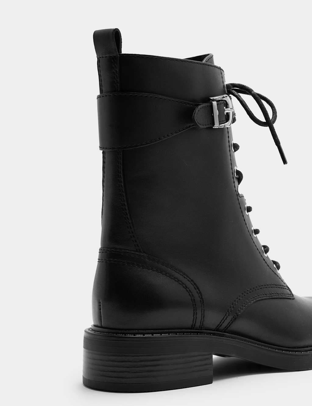 Marks & Spencer M&S Leather Biker Lace Up Ankle Boots Black