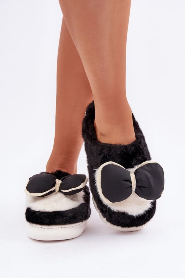 Love Lace Love Lace Women's Cozy Fur Slippers with Bow Thick Sole Warm Toe Cover Comfort in Black - 3