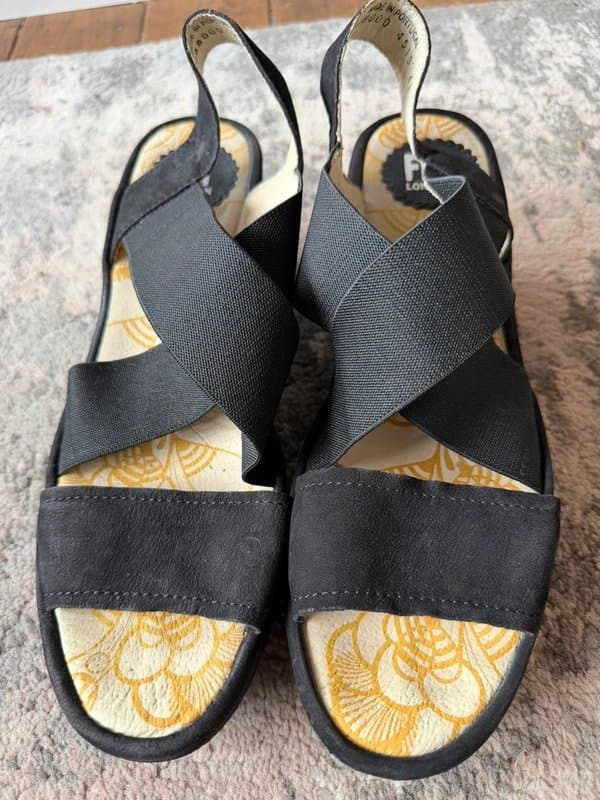 Fly London Black FLY London Leather and elasticated strap wedge sandals Eur 41 uk size 7.5