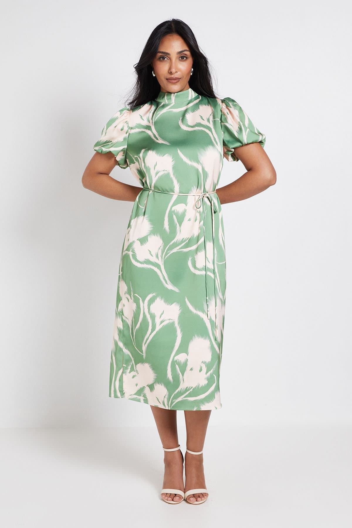 Wallis Wallis Women's Petite Floral Satin Midi Dress in Green
