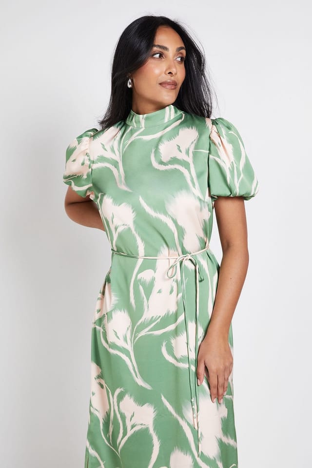 Wallis Wallis Women's Petite Floral Satin Midi Dress in Green - 2