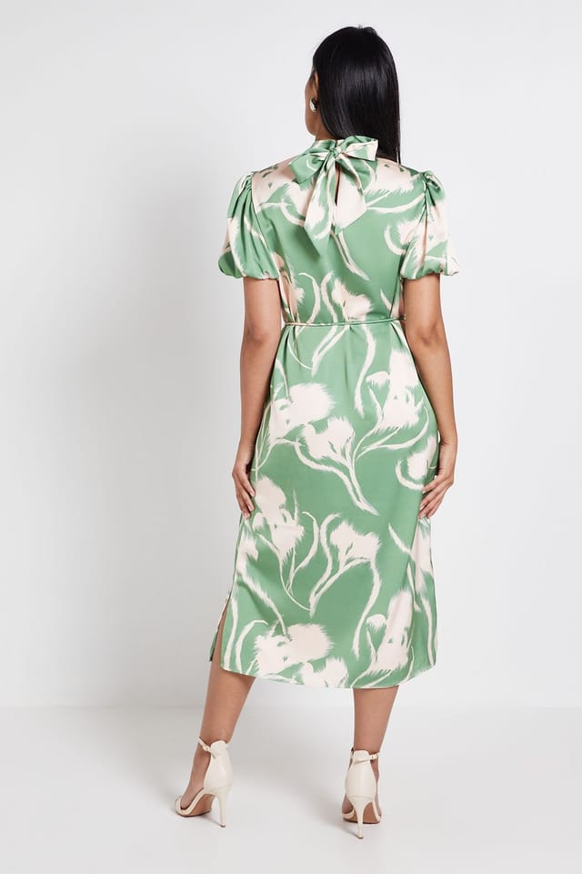 Wallis Wallis Women's Petite Floral Satin Midi Dress in Green - 3