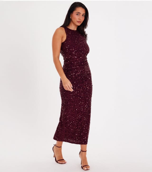Quiz Women's Dark Red Sequin Ruched Midaxi Dress Quiz New Look - 2