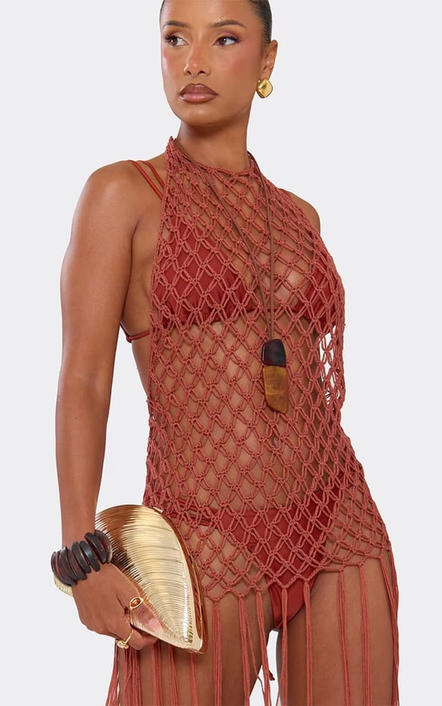 EGO High Neck Open Back Fringed Hem Top In Rust Crochet Knit, Women's Size UK S - 2