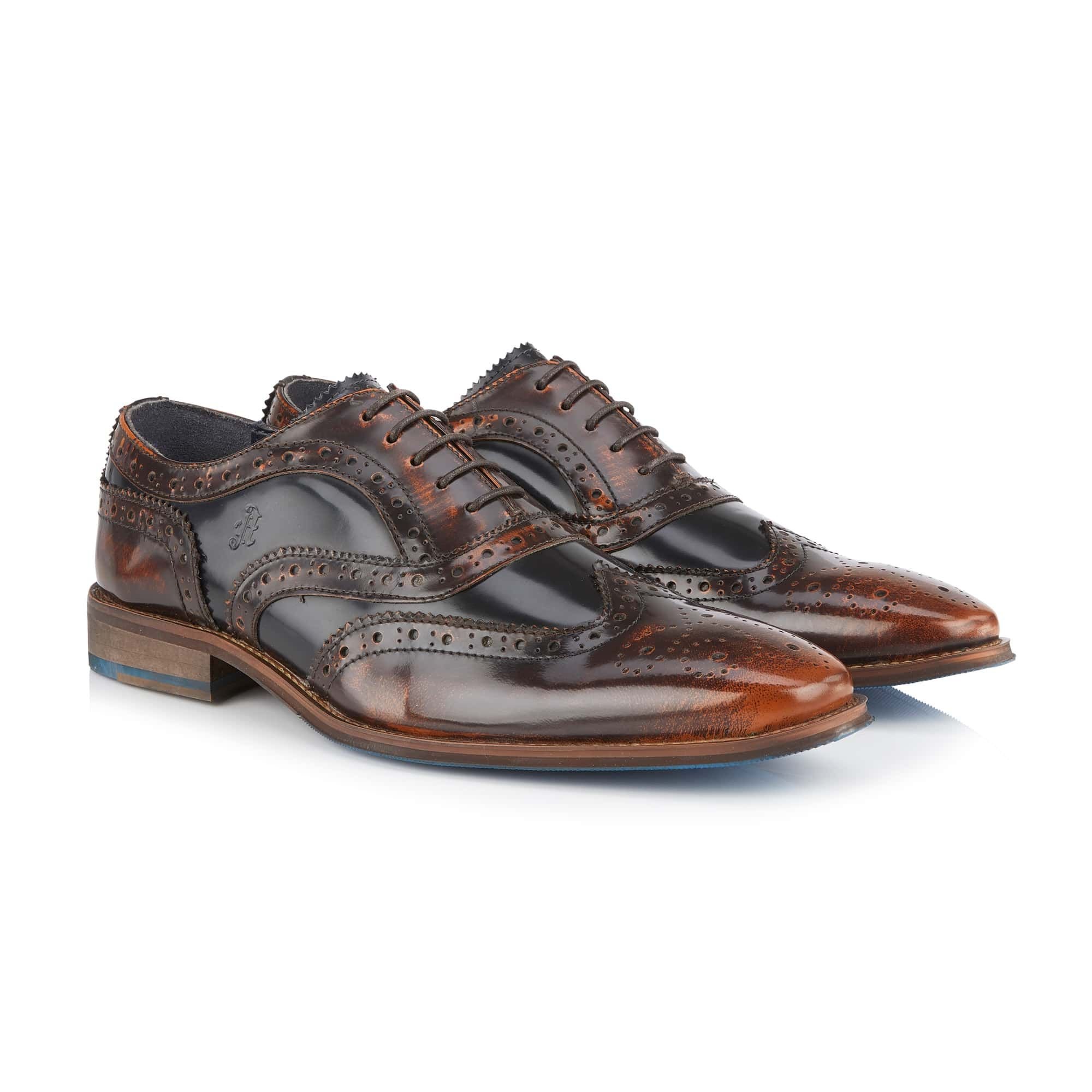 Amen Shoes Amen Shoes Men's Athlone Leather Two Tone Brushed Hi Shine Brogue Shoes in Brown - 2