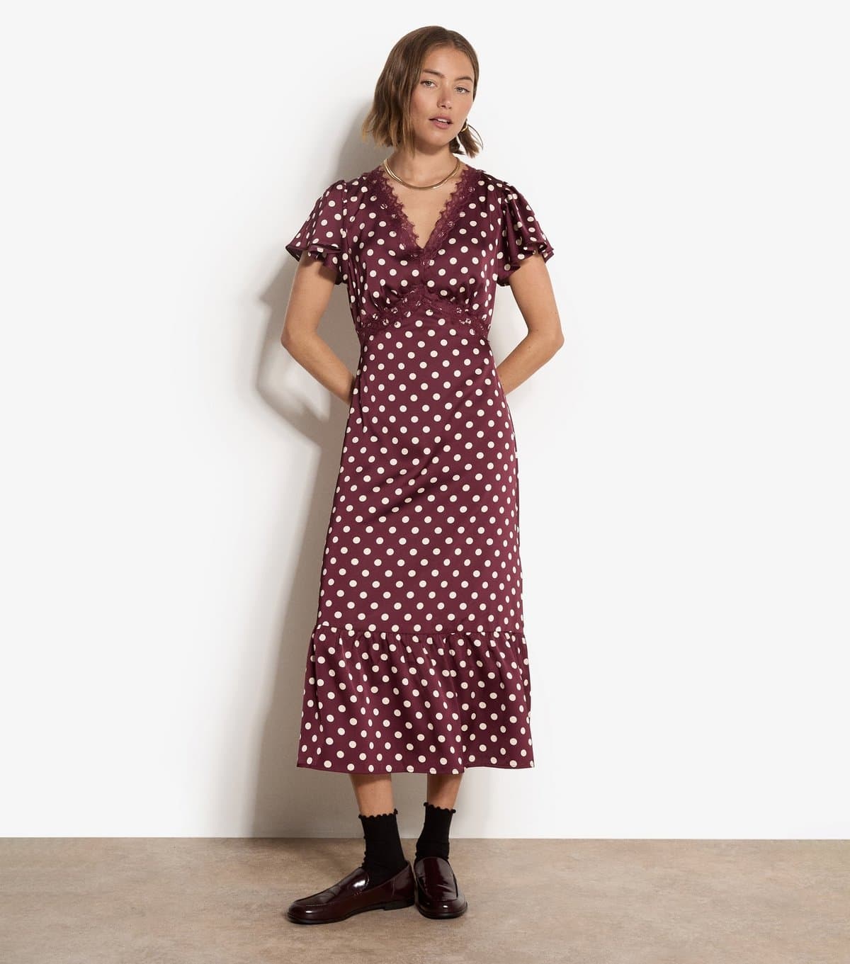 Apricot Women's Dark Burgundy Polka Dot Lace Trim Midi Dress Apricot New Look