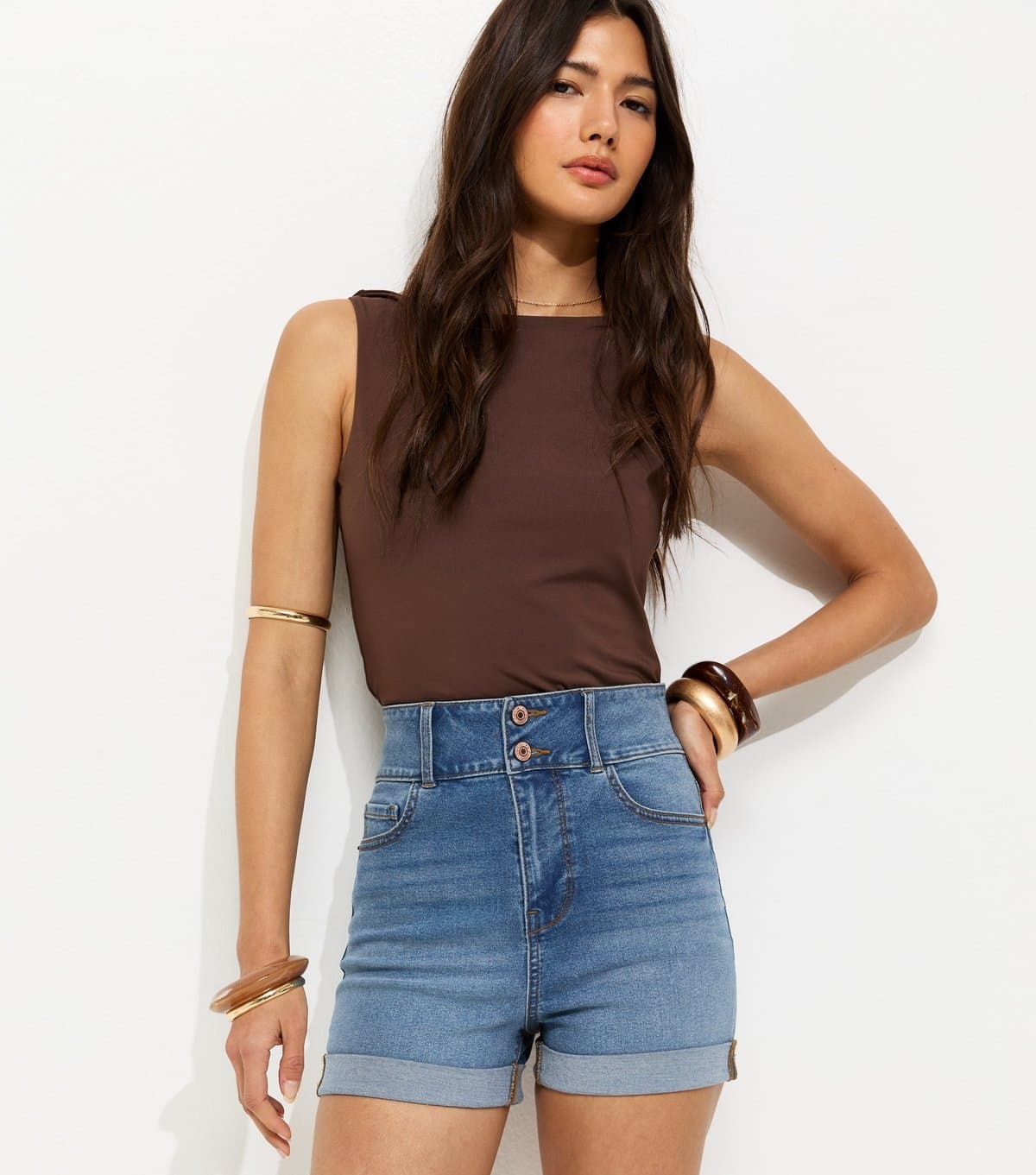New Look Women's Mid Blue High Waist Denim Shorts New Look