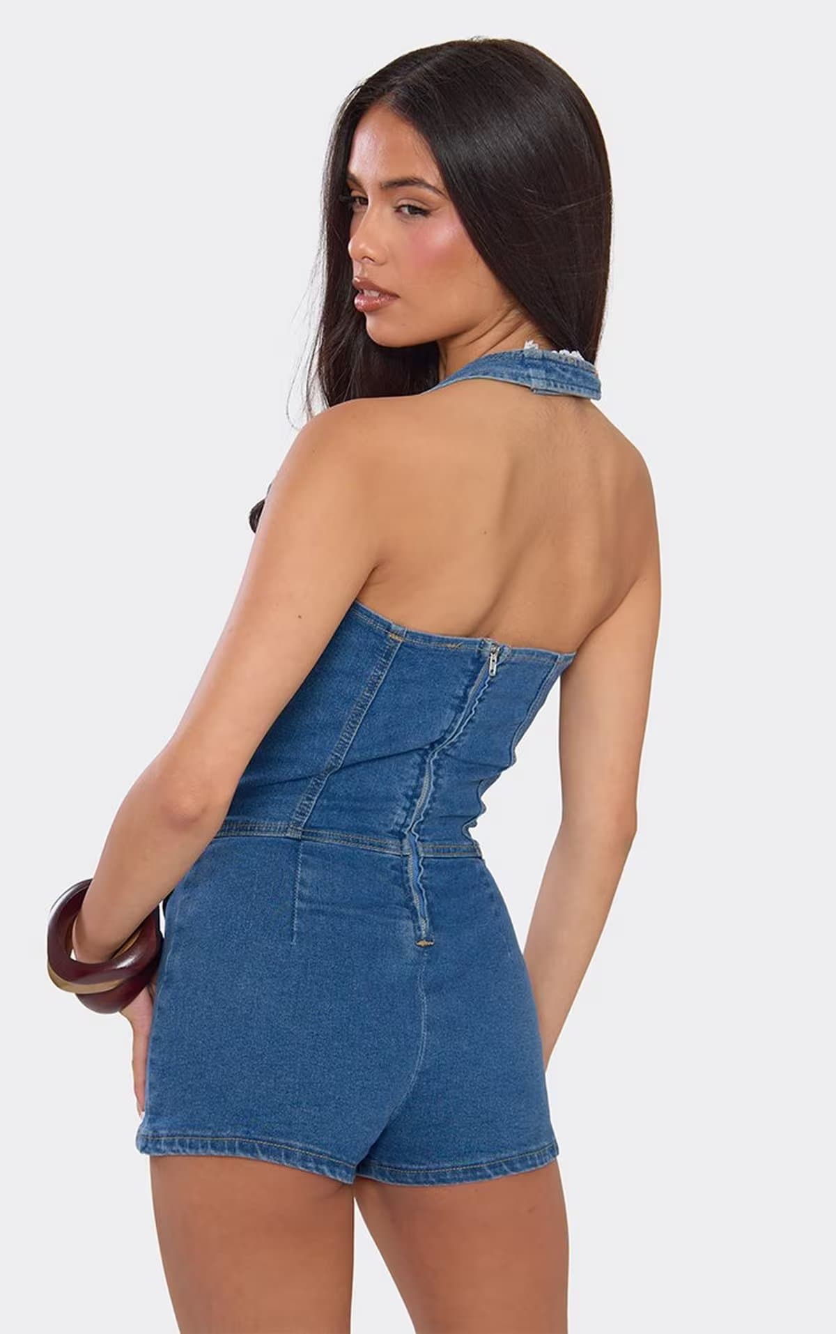 EGO Lace Trim Button Down Playsuit In Blue Denim, Women's Size UK 6