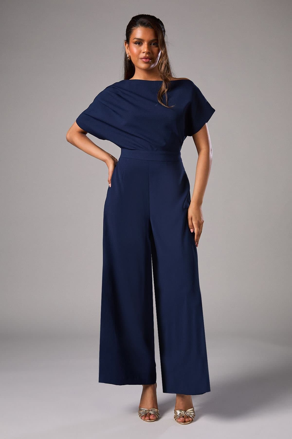 Coast Coast Women's Petite Pleat Off-The Shoulder Jumpsuit in Navy