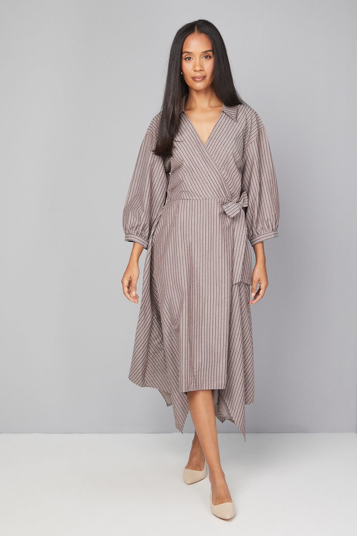 Wallis Wallis Women's Stripe Wrap Midi Dress in Chocolate