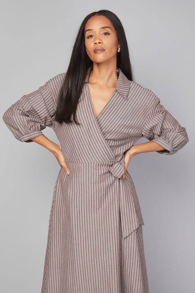 Wallis Wallis Women's Stripe Wrap Midi Dress in Chocolate - 2