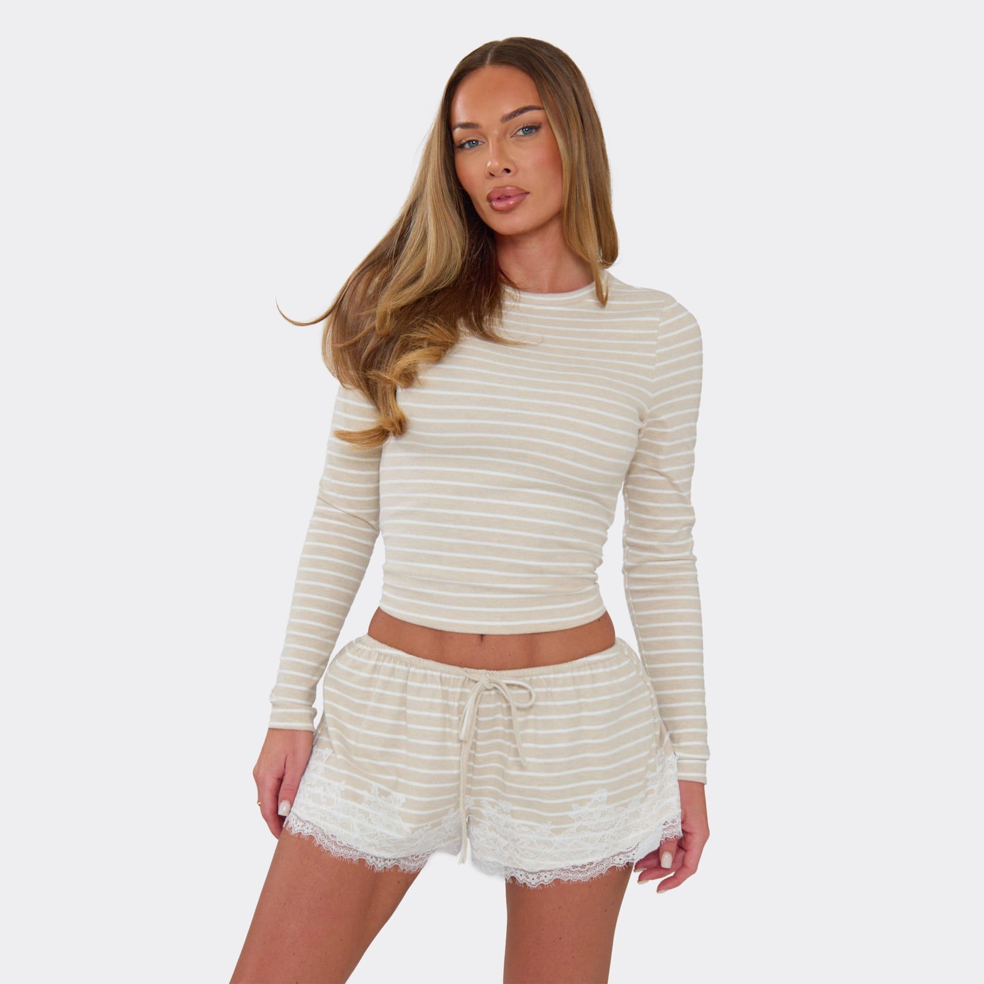EGO Long Sleeve Fitted Top In Nude Stripe Soft Jersey, Women's Size UK 14