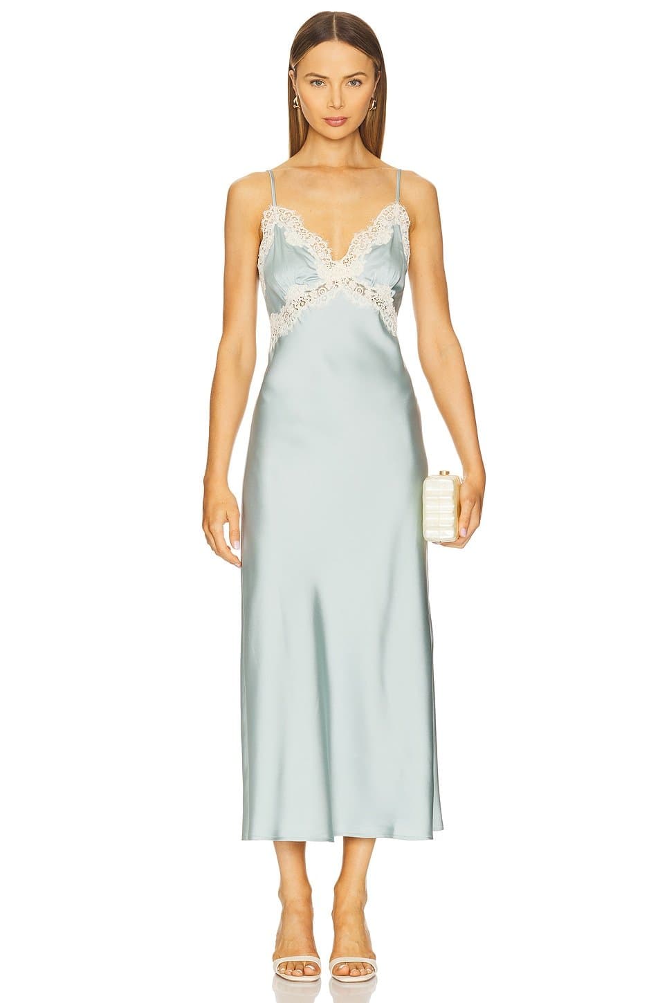 revolve Revolve Evy Satin Slip Dress with Lace Accents in Aqua Blue